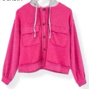ZENANA NWT TOP Fleece Hoodie Fuschia Pink Button Front Size Medium